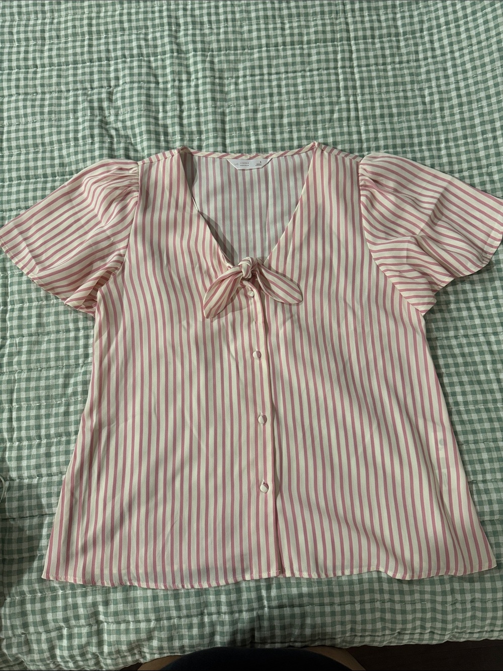 LC Lauren Conrad Pink and Cream Striped Tie-Neck Blouse